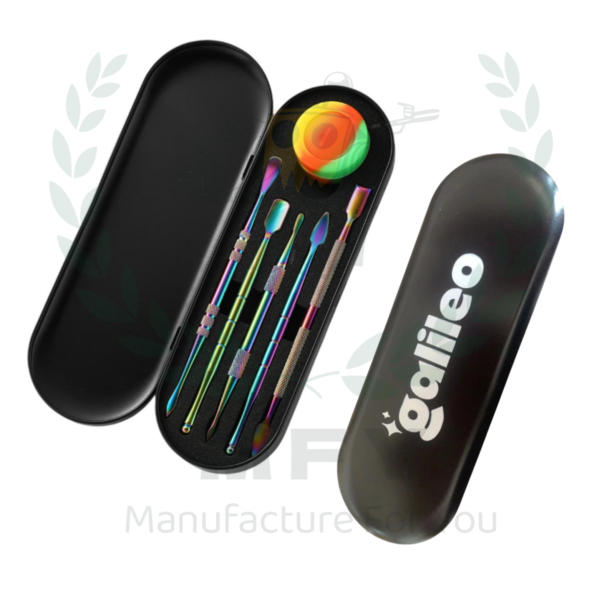 Custom 6 Pieces Wax Carving Metal Dab Tool Kit (Rainbow Stainless Steel Wax Carving Tools + Silicone Lidded Container For Wax Oil + Carrying Case)