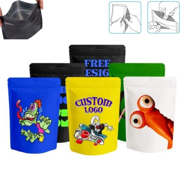 Custom Low MOQ Child Proof Bags Smell Proof Hemp Flower CBD Edibles Gummy Candy Cookies Weed Packaging Child Resistant Food Grade Exit Stand Up Bag Zip Lock Mylar Pouch 18OZ