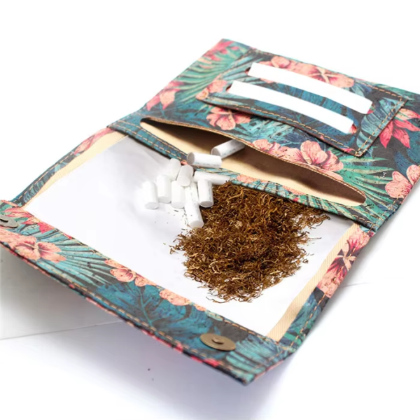 Custom Magnetic Closure And Filter Compartment Cork Leather Wallet Purse Smoking Cigarette Kit