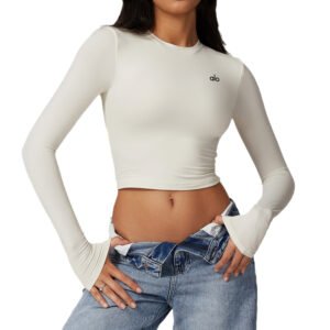 Custom Logo Long Sleeve Cotton Crop Tops Cute Trendy Basic Tight Scoop Neck Customized T-shirt For Women