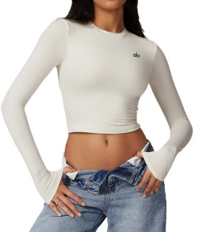 Custom Logo Long Sleeve Cotton Crop Tops Cute Trendy Basic Tight Scoop Neck Customized T-shirt For Women
