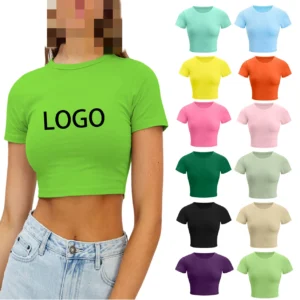 Custom Logo Short Sleeve Cotton Crop Tops Cute Trendy Basic Tight Scoop Neck Customized T-shirt For Women