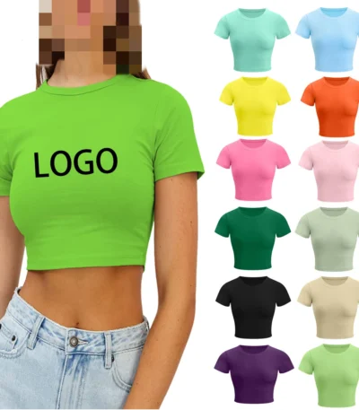 Custom Logo Short Sleeve Cotton Crop Tops Cute Trendy Basic Tight Scoop Neck Customized T-shirt For Women