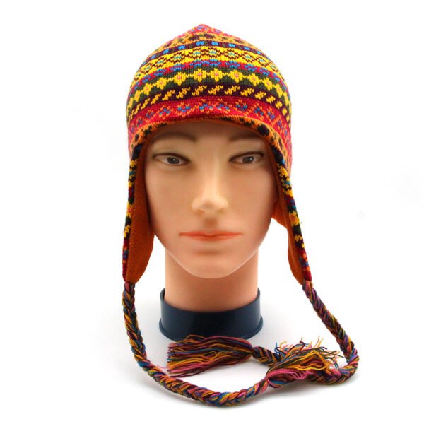 Custom Tassel Fleece Knit Beanie Acrylic Blend Adult Chullo Hat w Ear Flaps Winter Cap & Pom Pom Gift Sherpa Hat