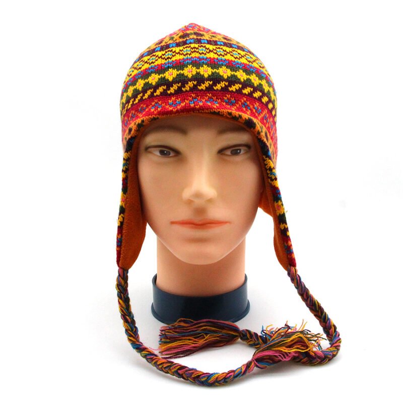 Custom Tassel Fleece Knit Beanie Acrylic Blend Adult Chullo Hat w Ear Flaps Winter Cap & Pom Pom Gift Sherpa Hat