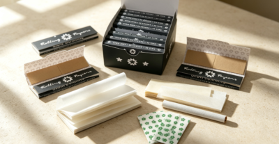 King size rolling papers with green flower print, custom rolling paper packs
